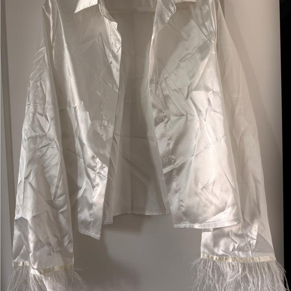 Amazon Women's White Blouse with Feather Trim
